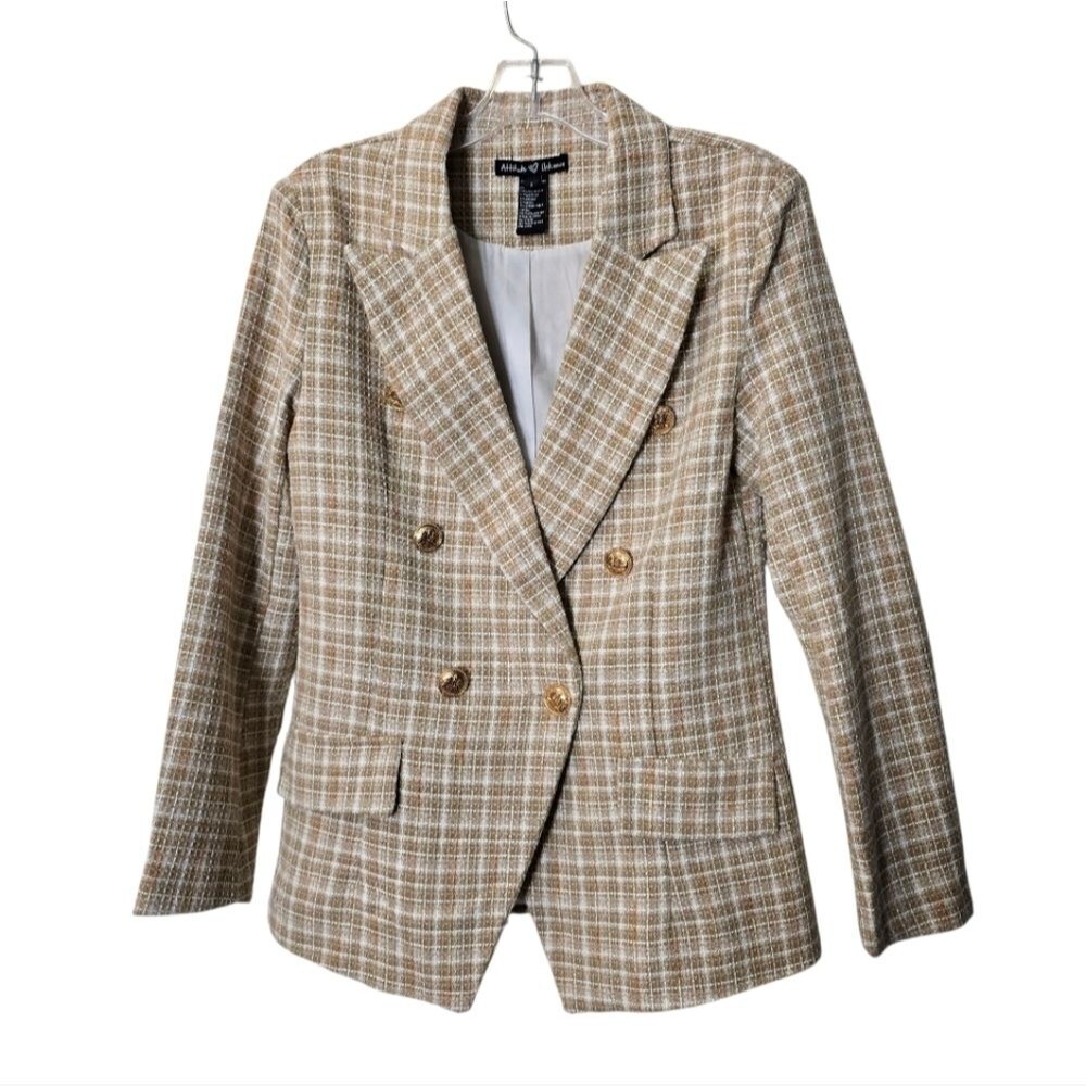 Attitude Unknown Women's Tan Plaid Double-Breasted Blazer Size S *